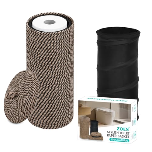 ZOES HOMEWARE Jute Toilet Paper Storage Basket with Lid,Bathroom Toilet Paper Holder Stand for 3 Mega Rolls,Tissue Holder for Bathroom with Removable Waterproof Insert, 7"x7"x13.5"
