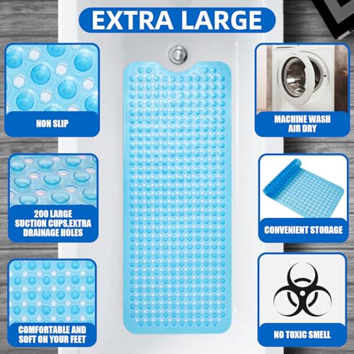 MOONFLY Shower and Bathtub Mat,40x16 Inches,Extra Long Non Slip Mats with Suction Cups and Drain Holes, Machine Washable and Anti Slip Bathmats, Bathroom Mats for Tub Nonslip (Clear Blue) - color: Clear Blue