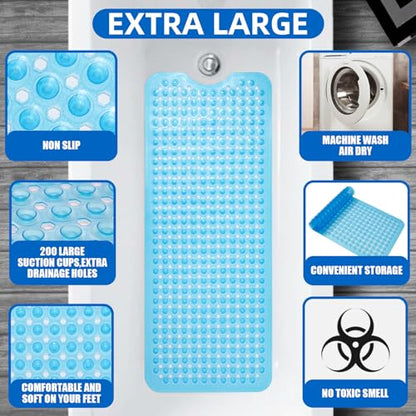 MOONFLY Shower and Bathtub Mat,40x16 Inches,Extra Long Non Slip Mats with Suction Cups and Drain Holes, Machine Washable and Anti Slip Bathmats, Bathroom Mats for Tub Nonslip (Clear Blue) - color: Clear Blue