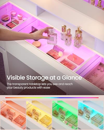 VASAGLE Kailyn Collection - Vanity Desk with LED Lights and Power Outlet, Modern Vanity Table with Light Strip, 3 Drawers, 2 Cabinets, Transparent Top, 8 Storage Shelves, Cloud White URDT145WB03S - style: 42.1"W 3 Drawers 2 Cabinets Vanity Desk - Cloud Wh