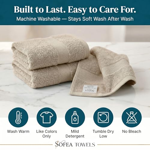 Sofea Hand Towels 6 Pack (16 x 28 Inches) 100% Cotton Bathroom Towels, Soft Absorbent Quick Dry Hand Towels for Bathroom Kitchen - color: Beige