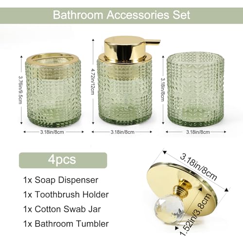 DASITON Bathroom Accessories Set,4Pcs Glass Bathroom Counter Set with Foaming Soap Dispenser,Toothbrush Holder,Bathroom Tumbler,Cotton Swab Jars, for Vanity Bathroom Decor (Green) D1102 - style: Green