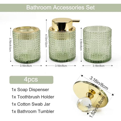 DASITON Bathroom Accessories Set,4Pcs Glass Bathroom Counter Set with Foaming Soap Dispenser,Toothbrush Holder,Bathroom Tumbler,Cotton Swab Jars, for Vanity Bathroom Decor (Green) D1102 - style: Green