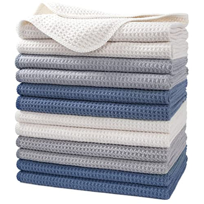 POLYTE 340 GSM Microfiber Waffle Kitchen Dish Tea Towel, 16x28 in, 12 Pack | Lint Free, Quick Dry - color: Dark Blue, Gray, Off White, size: 16x28 in