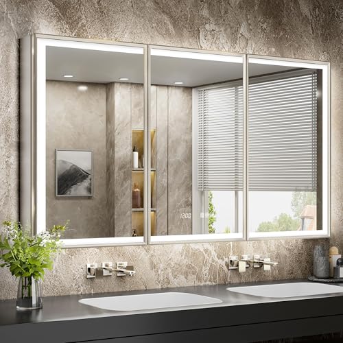 54x30 Lights Medicine Mirror Cabinet, Beveled Brushed Nickel Frame | Lighted Aluminum Bathroom Cabinet, Surface or Recessed Mount, Dimmable 3 Color Temp, Defog, Outlet, Clock, Sensor Inner Light - size: 54x30''
