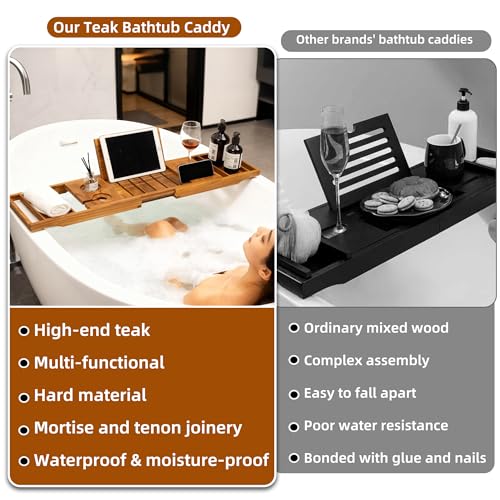 Expandable Teak Bathtub Tray - Luxury Wooden Bath Caddy & Tub Shelf, Over-The-Tub Bath Table with Book & Wine Glass Holder, Waterproof Bathroom Organizer for Spa Experience
