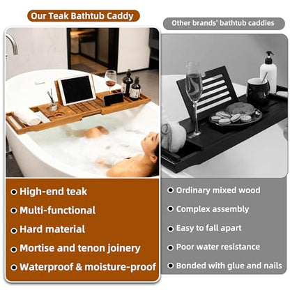Expandable Teak Bathtub Tray - Luxury Wooden Bath Caddy & Tub Shelf, Over-The-Tub Bath Table with Book & Wine Glass Holder, Waterproof Bathroom Organizer for Spa Experience