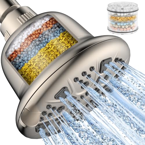 MakeFit Filtered Shower Head Brushed Nickel - High Pressure Shower Head with Filter for Hard Water Softener - 7 Settings Bathroom Rain Showerhead to Remove Chlorine and Heavy Metals - color: Brushed Nickel, style: Premium Filter