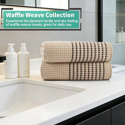MICROFI New Microfiber Waffle Bath Towels, 2 Pieces, Soft, Absorbent, Fast Drying, Lint Free 430 GSM (30''x60''/76cm x 152cm) - color: Beige Striped