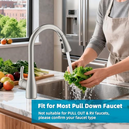 Curve Kitchen Faucet Sprayer Head Compatible with Kohler, Brushed Nickel | NSF/ANSI/CAN 372 Certified, 14 Adapter Kit for Universal Fit Use, 3 Function Pull Down Sink Faucet Spray Head Replacement - color: Brushed Nickel, style: Curve Design