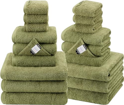 18-Piece Cotton Bath Towel Set with Hanging Loops for Bathroom, Green | Stock-up towel set for family bathrooms, guest baths, multi-bath homes, and wash-day rotation, OEKO-TEX certified, easy care - color: A05: Green