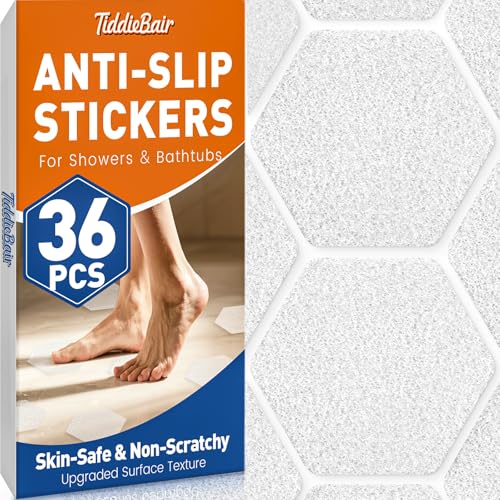 36 PCS Shower Anti Slip Stickers, Shower Floor Grip Bathtub Non Slip Stickers also for Stairs, Upgraded Textured Surface|Smooth Rubber Track Feel -- Skin-Friendly & Better Grip, Clear Hex 3.15”