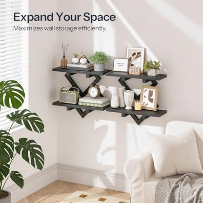 HOOBRO 15" Floating Shelves for Wall, Set of 2 Wall Shelf, 2-Tier Hanging Shelves, Wall Mounted Storage Shelf, Display Rack, for Living Room Bedroom Kitchen Bathroom, Black BB14BJP201 - color: Black