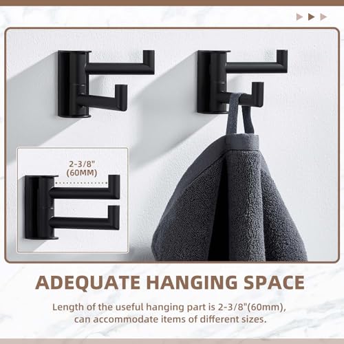 Suyar Double Towel Hook Matte Black, Bathroom Wall Hook, Swivel Robe Holder | SUS304 Stainless Steel Coat Towel Holder with 2 Foldable Arms, Swivel Towel Rack Space Saving Wall Mounted, 2 Pack - color: Matte Black, size: 2 Pack