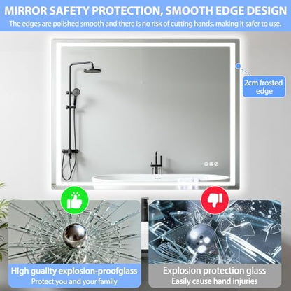 40" x 32" LED Bathroom Mirror with Anti-Fog & Touch Switch - Wall-Mounted Makeup Vanity Mirror, No Drilling Required, Smart Display (Square) - size: 39.4"L x 31.5"W