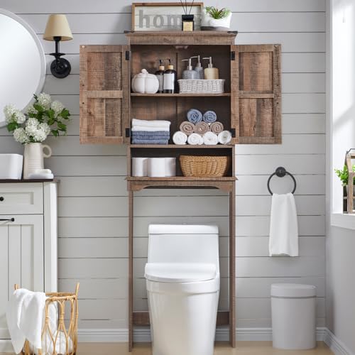 67" Farmhouse Over Toilet Storage Bathroom Cabinet, Rustic Brown | Double Barn Doors, Adjustable Shelf, Open Cubby, Weathered Finish - color: Rustic Brown