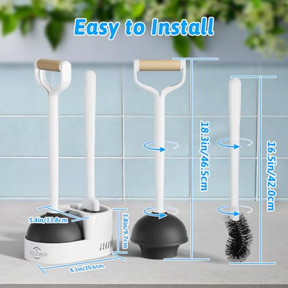 Toilet Brush and Plunger Set, Curved Head Deep Clean, White 2 Pack | Brush and Plunger set, Curved Nylon Bristles for Deep Clean, Strong Suction Plunger, Ventilated Holder for Quickly Air Dry - color: White