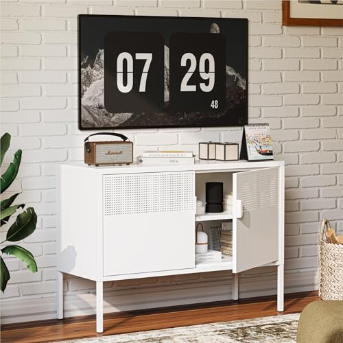 COFaR TV Stand for TVs up to 75 Inch, 40''L Media Console with Ventilation Doors, Metal Entertainment Center with Adjustable Shelves & 120Lbs Storage for Living Room & Bedroom, White - color: White, size: 40"L with Mesh