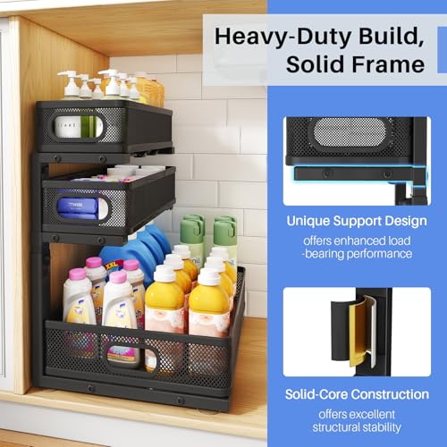 Under Sink Organizer, 3-Tier Thickened Metal Pull out Cabinet Organizer Shelf, Height Adjustable Slide out Storage Drawer Rack for Kitchen Bathroom Pantry Laundry Home Organization, 2-Pack, Black | 35% More Storage Capacity, Carbon Steel, Hold Up 55lbs, S