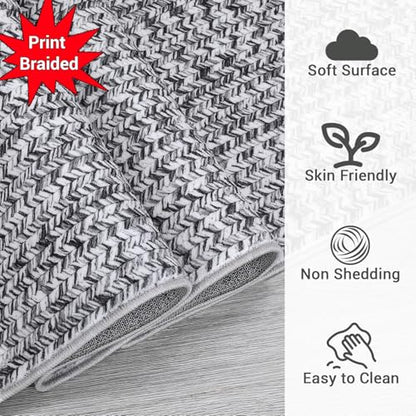 Washable Runner 2x6 for Hallways - Print Braided Non-Slip Bath Mat, Modern Soft Bedroom Rug, Farmhouse Throw, Kitchen, Entryway Stain Resistant Carpet - 2'x6' Light Grey - color: Light Grey, size: 2' x 6' (Runner)