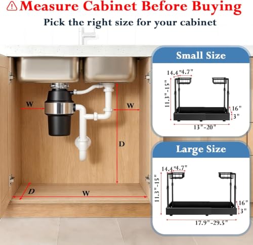Aisslro Under Sink Organizer, 2 Tier Pull Out Cabinet Organizer, Expandable & Adjustable Slide Out Shelf 17.9''–29.5'', Under Sink Storage for Kitchen Bathroom Laundry Cabinet Storage, Black - size: Large