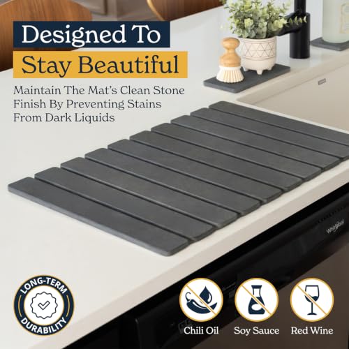 Oleex 3-Pack Stone Dish Drying Mat Set Includes 1 Large 24”x16” & 2 Small 4”x9” for Kitchen Counter-Collapsible Diatomaceous Earth Pad Absorbs Water & Dries Dishes Fast, Non-slip, Odor-Resistant Mats - color: Dark Gray