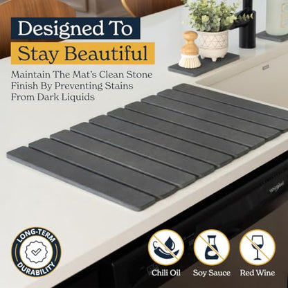 Oleex 3-Pack Stone Dish Drying Mat Set Includes 1 Large 24”x16” & 2 Small 4”x9” for Kitchen Counter-Collapsible Diatomaceous Earth Pad Absorbs Water & Dries Dishes Fast, Non-slip, Odor-Resistant Mats - color: Dark Gray