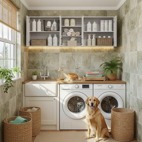 Furnaza 62.8" W Wall Cabinets for Laundry Room with Adjustable Shelf | White Upper Kitchen Wall Mounted Cabinets With Two Shaker Doors for Bathroom,Garage,12"D x 22"H,Floating Hanging Storage - size: 62.8"W