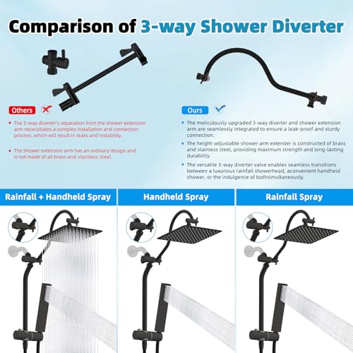 Hibbent 10'' Rainfall Shower Head with 4-Spray Handheld, Oil Rubbed Bronze | cUPC Certified High Pressure Showerhead Combo, 12'' Adjustable Extension Arm, Extension Bar, Easy Reach Holder, 71'' Hose - color: Oil Rubbed Bronze, style: Square 10''