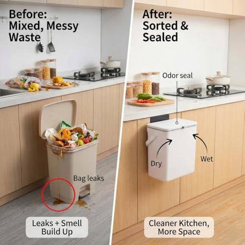 3.2 Galoon Kitchen Compost Bin with lid | Odorless Hanging Trash Can with Sliding Lid for Dry & Wet Waste – 12 L Wall-Mounted Garbage Can for Kitchen Cabinet. Under Sink Trash can for Office.