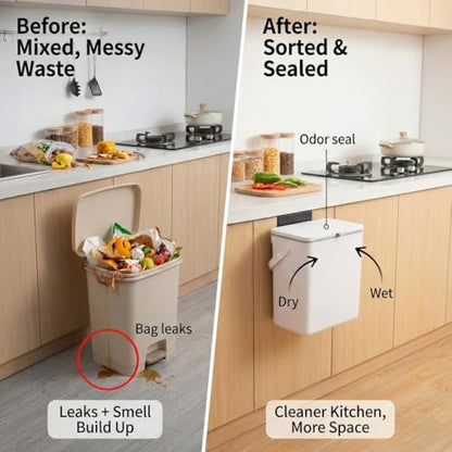 3.2 Galoon Kitchen Compost Bin with lid | Odorless Hanging Trash Can with Sliding Lid for Dry & Wet Waste – 12 L Wall-Mounted Garbage Can for Kitchen Cabinet. Under Sink Trash can for Office.