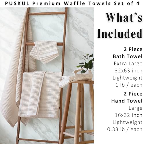 PÜSKÜL Raw-Undyed Natural 100% Turkish Cotton Waffle Towels Set of 4-Piece | 2-Bath sheet (Extra-large 32x63") and 2-Hand towel (Large 32x16"). Premium honeycomb-waffle weave, oeko-tex made in Turkiye. - color: Natural Beige
