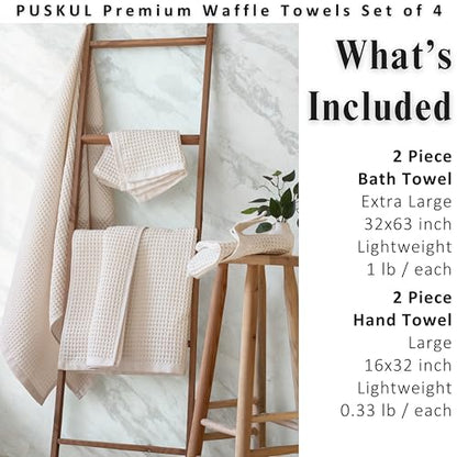 PÜSKÜL Raw-Undyed Natural 100% Turkish Cotton Waffle Towels Set of 4-Piece | 2-Bath sheet (Extra-large 32x63") and 2-Hand towel (Large 32x16"). Premium honeycomb-waffle weave, oeko-tex made in Turkiye. - color: Natural Beige