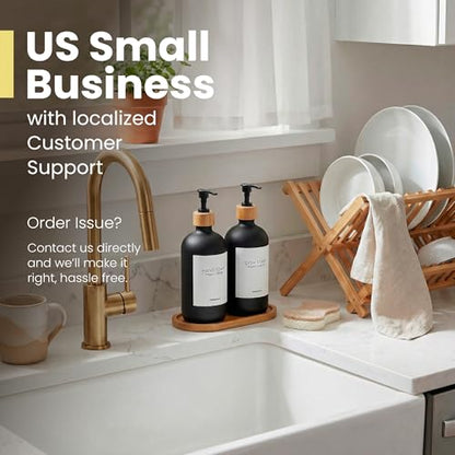 MaisoNovo Glass Dish Soap Dispenser for Kitchen Set of 2-16.9oz Dish and Hand Soap Dispenser Set for Kitchen - Black Glass Bottles x 2 with Black Bamboo Pumps & Tray - color: Black Bottles/Black Bamboo Pumps