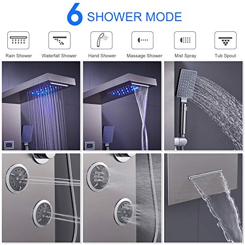 6-in-1 LED Shower Panel Tower System Stainless Steel Brushed Nickel | Rainfall + waterfall head | Massage jets | Handheld shower | Tub spout | LED display | Wall mount - color: Brushed Nickel