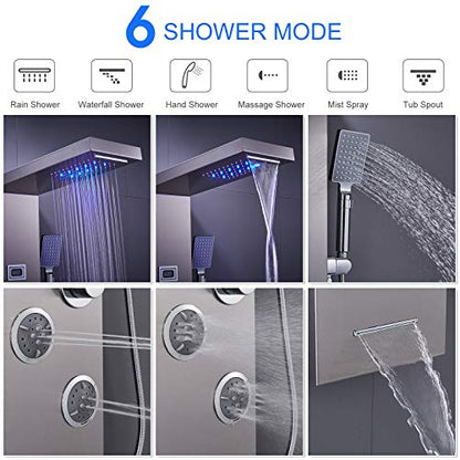 6-in-1 LED Shower Panel Tower System Stainless Steel Brushed Nickel | Rainfall + waterfall head | Massage jets | Handheld shower | Tub spout | LED display | Wall mount - color: Brushed Nickel