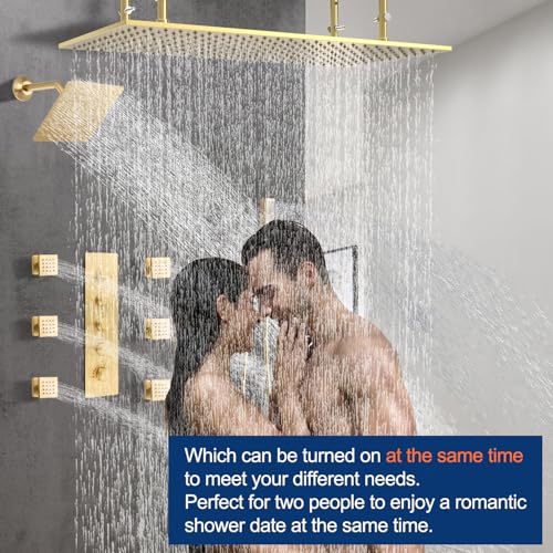 Dual Shower Heads System 16"x32" Ceiling Mount Rainfall and 6" Wall Mounted Shower Heads with 6 body Jets Thermostatic Shower Valve Full Body Shower System,Brushed Gold - color: Brushed Gold