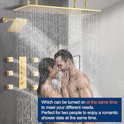 Dual Shower Heads System 16"x32" Ceiling Mount Rainfall and 6" Wall Mounted Shower Heads with 6 body Jets Thermostatic Shower Valve Full Body Shower System,Brushed Gold - color: Brushed Gold