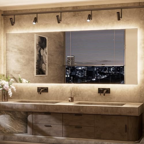 Backlit Bathroom 84 x 32 Vanity Mirror with Light,3 Color White/Warm/Natural,Anti-Fog Lighted Mirror,Dimmable,Wall Mounted - color: Backlit-3 Color, size: 32"L x 84"W