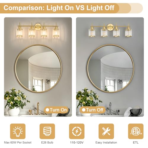 Brushed Gold Bathroom Light Fixtures, Round, 3-Light | Vanity Lights with Crystal Shades, Modern Bathroom Lighting Fixtures over Mirror (Bulbs Not Included, E26) - color: Brushed Gold (Round), size: 4-Light