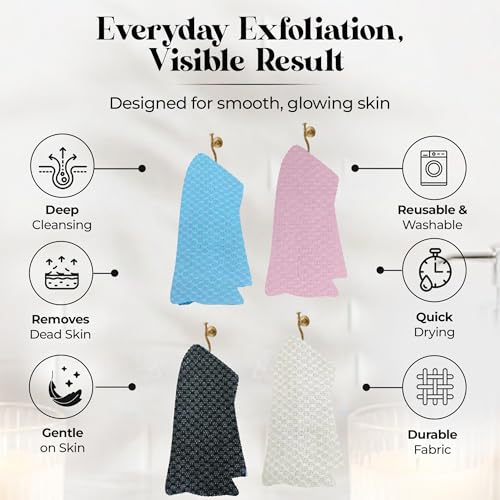 Exfoliating Washcloth – Long Japanese-Style Back Scrubber for Shower, 2-Sided Body Scrub Exfoliating Towel, Quick Dry Bath Cloth for Men & Women, Black - color: Black