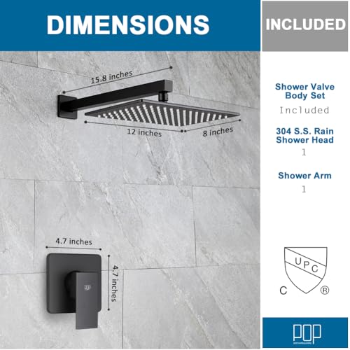 Matte Black Shower Faucet Set, Bathroom Rainfall Shower System with Stainless Steel Metal Showerhead, Single Function Shower Trim Kit with Rough-in Valve - color: Black, size: 12 Inch (Wall Mount)