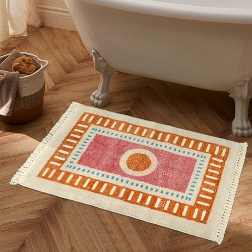 Lukinbox Boho Bathroom Rugs with Fringes, 2x3 Small Washable Sun Area Rug for Bedroom, Ultra Soft Non-Slip Orange Rainbow Throw Rug for Kids Room Entryway Kitchen Door Mat - size: 2' x 2'11" (Rectangular)