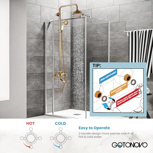 gotonovo Exposed Shower System with Spout,Antique Brass,No Shower Shelf | Brass Shower Faucet Set,8’’ Rain Head with Handheld Spray,Swivel Tub Spout,2 Cross Handle,6’’ Hole Distance,Adjustable Height - color: Antique Gold