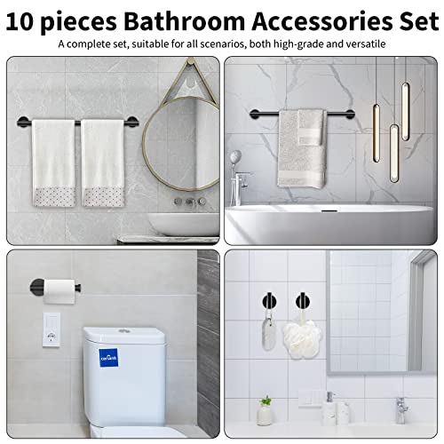 Newfun 10 Pieces Matte Black Bathroom Hardware Set 24 Inch | Include 24 inch Towel Bar, Robe Hook, Toilet Paper Holder, Stainless Steel Bathroom Accessories Set for Bathroom Wall Mounted - color: Matte Black