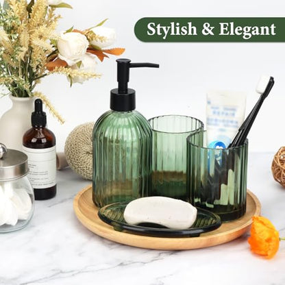 Topsky 4 Pcs Glass Bathroom Accessories Set,13.5oz Liquid Hand Soap Dispenser with Toothbrush Holder,Mouthwash Cup,Soap Dish for Bathroom Countertop,Vertical Stripe Design,Heavy Weight,Army Green
