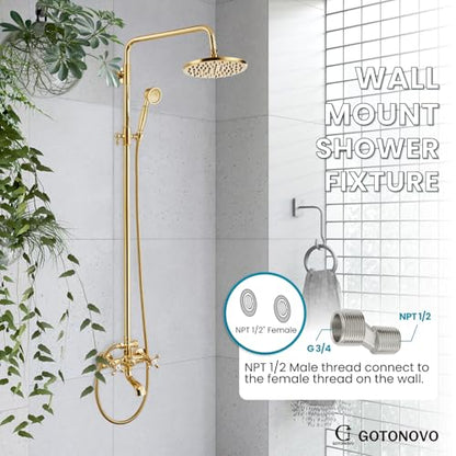 gotonovo Exposed Shower Tub Faucet Set 3 Function Wall Mount,Polish Gold | Shower System Fixtures with Tub Spout,8” Rain Head and Handheld,360°Rotation,Adjustable Height,for 5-6.7" Hole,Outdoor/Indoor - color: Bright Gold