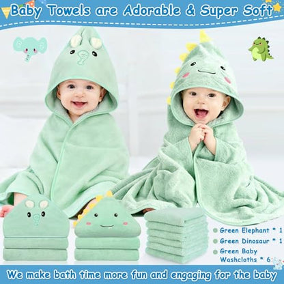 8 Pcs Baby Towel and Washcloths Set, Soft Baby Towels(Elephant & Dinosaur) | 2Pcs 32x32 in Cute Hooded Baby Towels & 6Pcs Baby Washcloths for Infant, Toddler and Kid, Baby Bath Essentials for Boy & Girl - color: Green Elephant & Dinosaur-8pcs