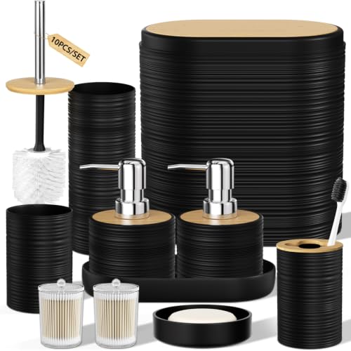 XLHOMO Black Bathroom Set - 10PC Bathroom Accessories Set, Luxury Bathroom Accessory Set with Trash Can,Toilet Brush & 2 PC Soap Dispensers for Apartment Decor and Housewarming - size: Press-lid Bathroom Set, style: Black