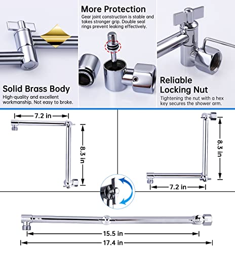 G-Promise 16 Inch Solid Brass Shower Head Extension Arm (Chrome) | Rise or Lower Shower Head, All Metal, Height & Angle Adjustable Extender, Firmly Secure Shower Head, Easy Install - color: Chrome